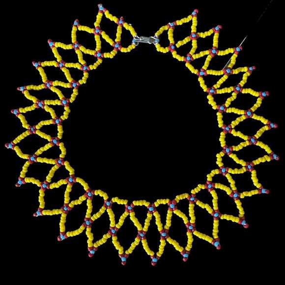 Vintage Yellow Blue Red Handmade Seed Bead Tribal Bib Collar Choker Necklace - Picture 4 of 6